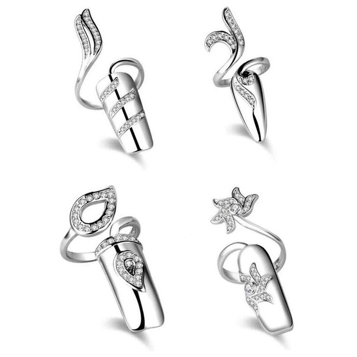 4 Pcs Fashion Rhinestone Crystal Nail Ring Manicure Fingertip Charm Finger Decoration Jewelry Accessories for Women