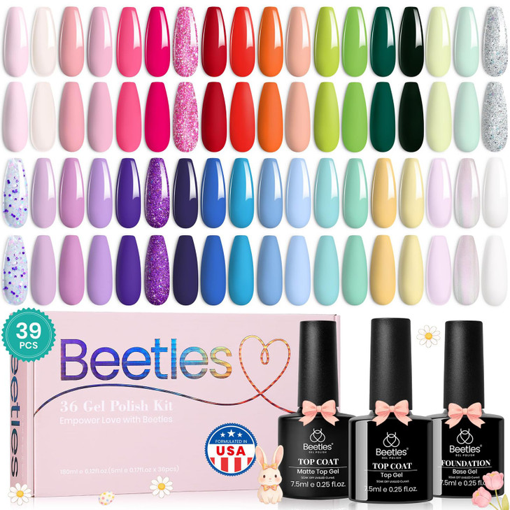 beetles Spring Gel Nail Polish Set 36 Colors Pink White Nude Yellow Red Glitter Gel Polish with Base MatteGlossy Top Soa