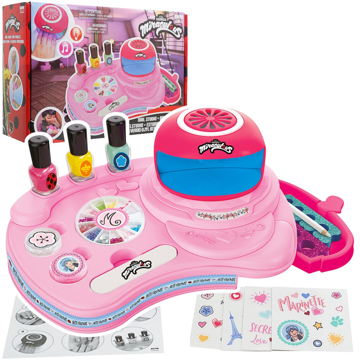 Miraculous Ladybug Marinettes Nail Studio Nail Polish Kit for Kids Ages 812 Manicure Salon Nail Dryer Storage Desk Sequi