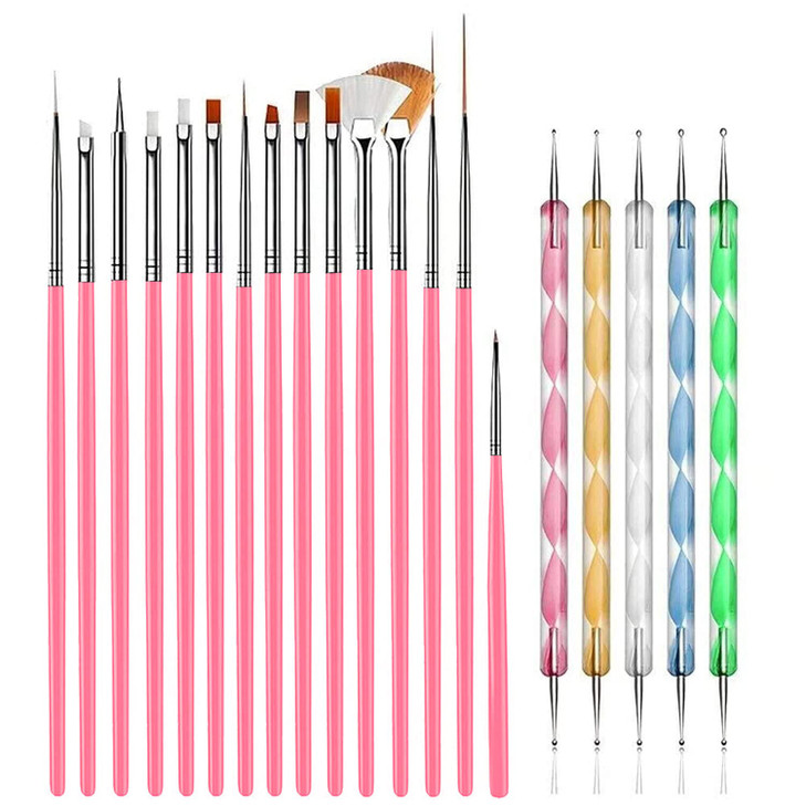 AIBEE 20pcs Nail Art Design Tools 15pcs Brushes Kit with 5pcs Dotting Pens PINK
