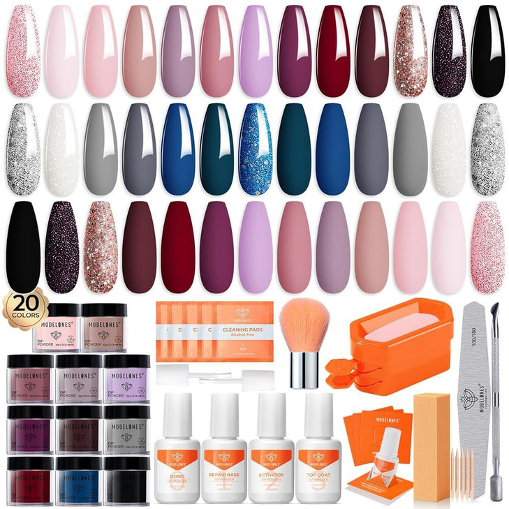 modelones Dip Powder Nail Kit 20 Colors Pink Blue Black White Nude Grey Dipping Powder Starter Set with Liquid Set BaseT