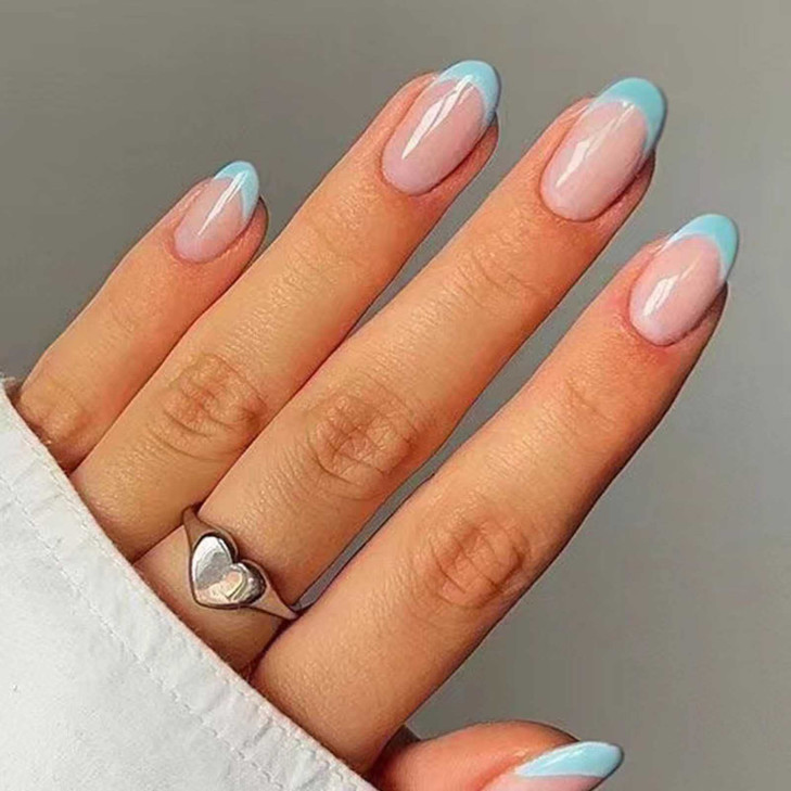 DANMANR Square Press on Nails Short Fake Nails French Acrylic Full Cover False Nails for Women and Girls 24PCS Blue Fren