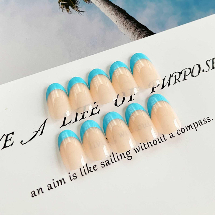 DANMANR Square Press on Nails Short Fake Nails French Acrylic Full Cover False Nails for Women and Girls 24PCS Blue Fren