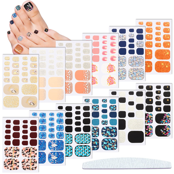 Maitys 264 Pieces 12 Sheets Toe Nail Stickers Self Adhesive Full Nail Wraps Toenail Art Polish Stickers Strips Manicure