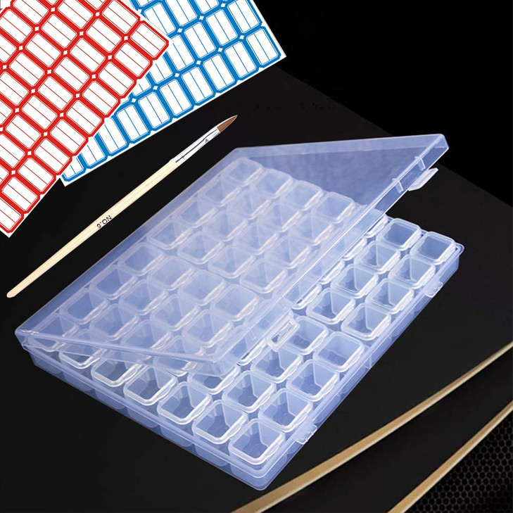 ASVNRES Rhinestone Gold Nail Box 56 Slots Empty Clear Adjustable Storage Box with 80 pcs Label Stickers Container Manicu