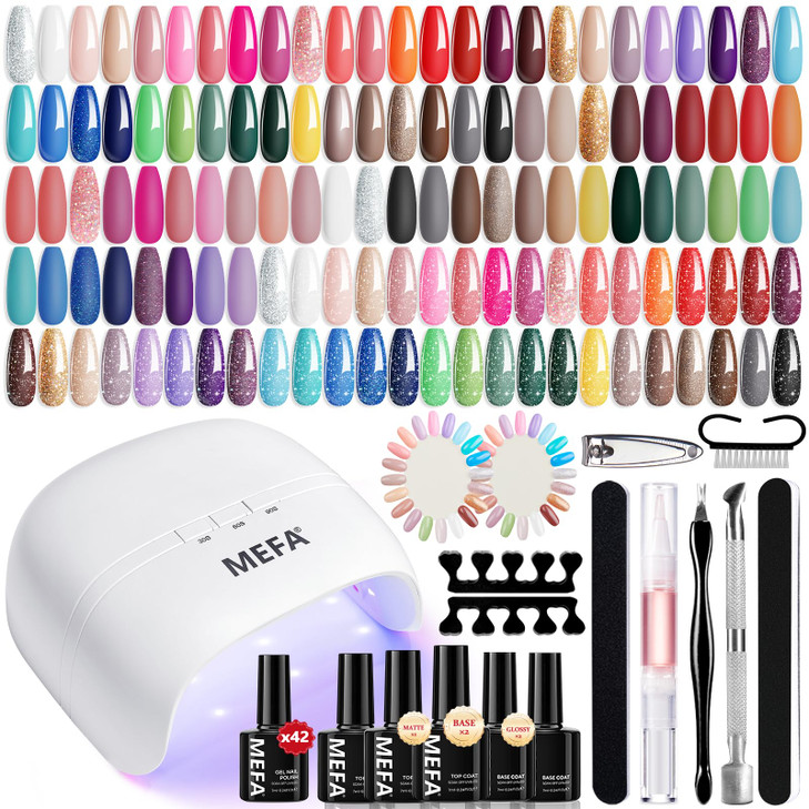 MEFA 42 Colors Gel Nail Polish Kit with U V Light 50 Pcs All Seasons Collection Colorful Gel Polish Essential Set with 5