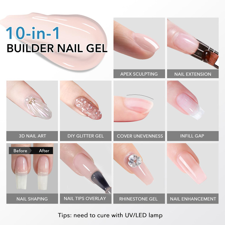 GAZEPLUS Builder Nail Gel Hema Free 15ml 10in1 White Builder for Nail Thickening Strengthener Extension Hard Gel Longlas