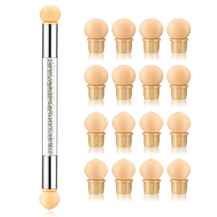 SILPECWEE 1Pc UV Gel Nail Gradient Sponges Pen With 16Pcs Replaceable Sponge Heads Double Head Nail Ombre Brush Acrylic