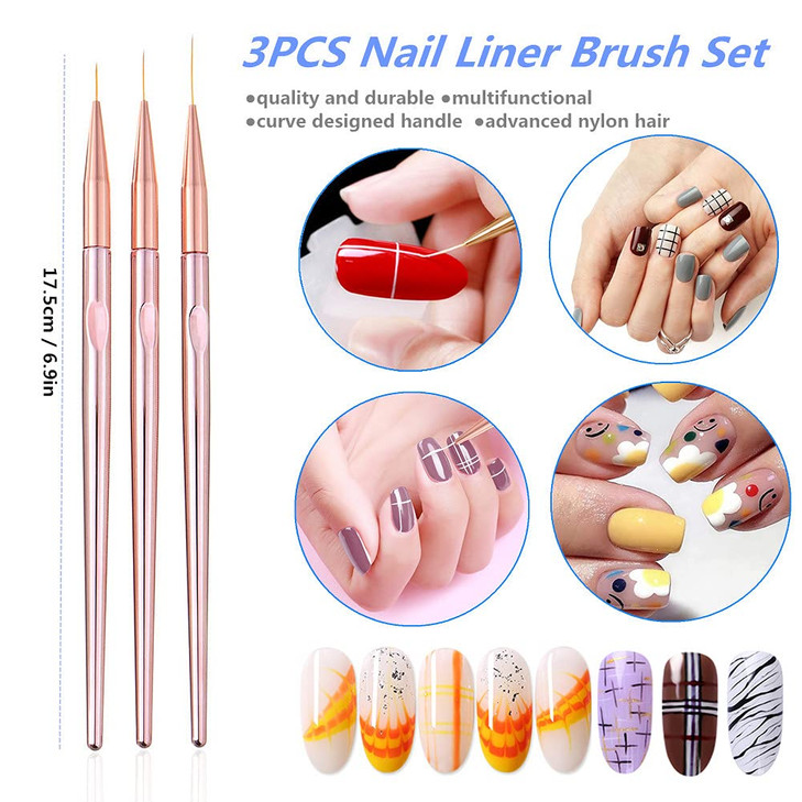 FULINJOY 3 Pcs Rose Gold Nail Art Liner Brushes Set UV Gel Acrylic Application Nail Pens Nail Art Designs Tools7mm9mm11m
