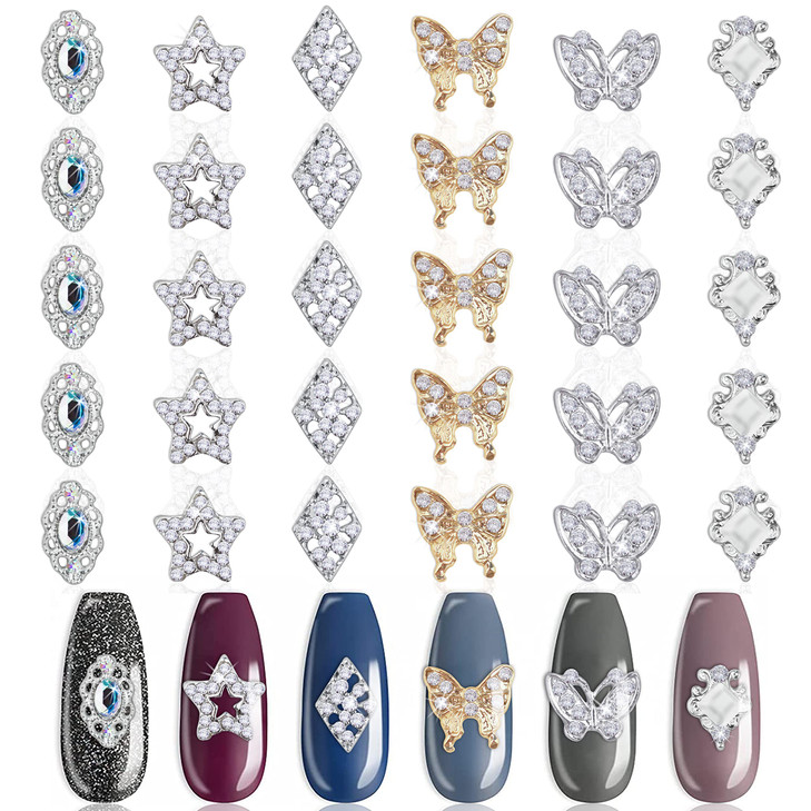 SILPECWEE 30 Pieces Rhinestones For Nails Butterfly Design Alloy Nail Jewels Nail Charm Nail Crystals 3D Nail Decoration