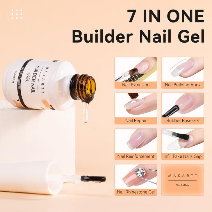 Makartt Clear Builder Nail Gel 7 in 1 Gel Nail Polish Rubber Base Coat Hard UV Light Strengthener Extension Thickening R