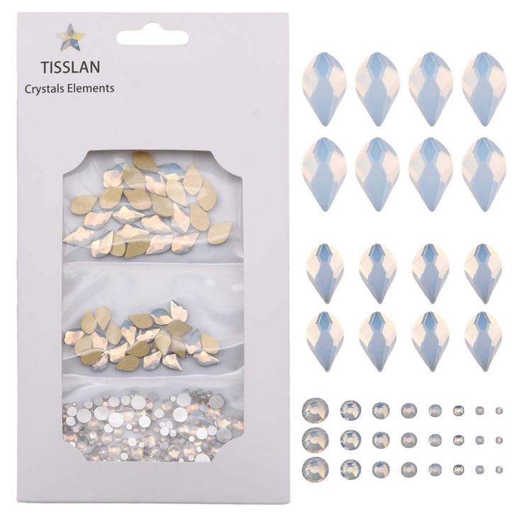 50pcs White Opal Nail Crystals 2 Size Flame Shape Rhinestones Design 480pcs Round Flatback Stones ss3 to ss20 Mix for Na
