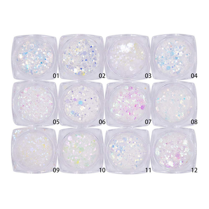 Minejin Nail Glitter Holographic Chunky Flakies UltraThin Iridescent Charming Sequins Powder Tips 12 Jar