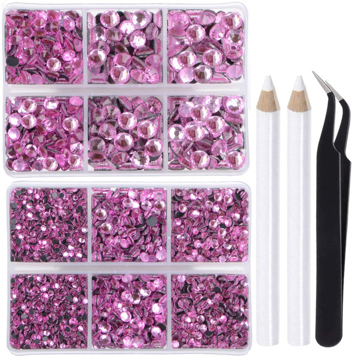 LPBeads 6400 Pieces Hotfix Rhinestones Pink Flat Back 5 Mixed Sizes Crystal Round Glass Gems with Tweezers and Picking R