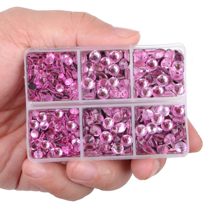 LPBeads 6400 Pieces Hotfix Rhinestones Pink Flat Back 5 Mixed Sizes Crystal Round Glass Gems with Tweezers and Picking R