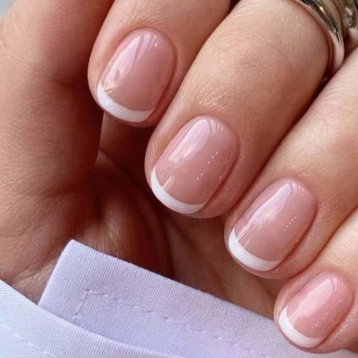 Hkanlre Short French Fake Nails Pink Press on Nails Acrylic Classic Square False Nails for Women and Girls 24PCS