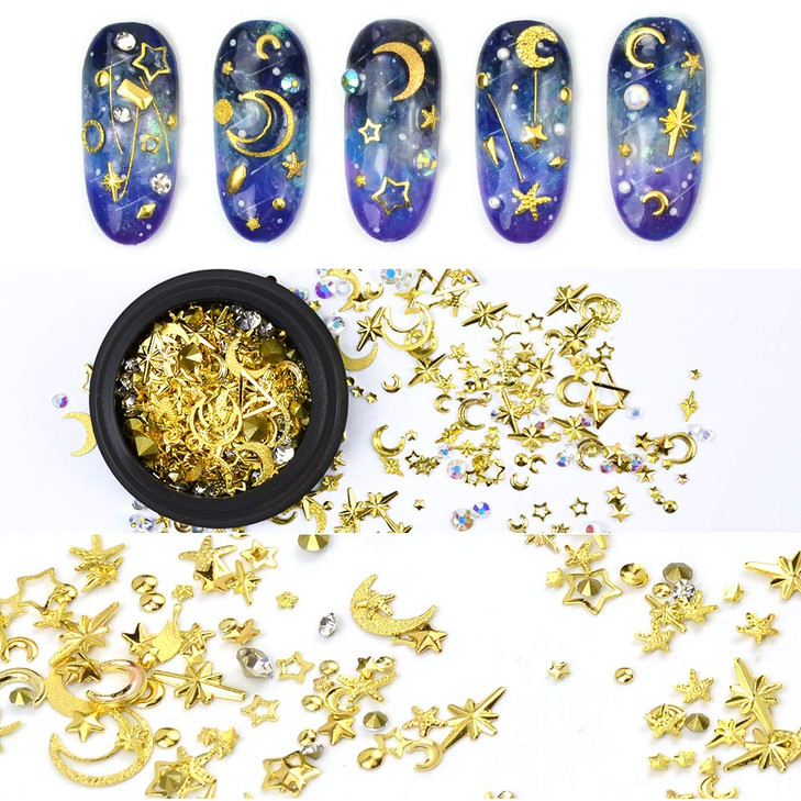 MEILINDS Gold Nail Studs Gems Sparkle Rhinestones Metal Rivets Charms Hollow Moon Star Shaped Artificial Pearls DIY 3D N