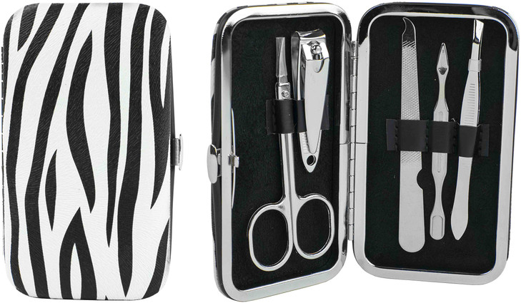 5Piece Manicure Grooming Kit Set in Zebra Print Travel Case Clipper Scissor DoubleSided Push Stick Nail File Tweezers