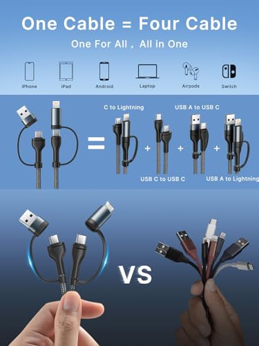 4 in 1 Charging Cable, USB C Lightning Adapter USB C to USB C 60W PD [Fast Charging & Data Sync] 4 in 1 Multi Charger for iPhone 16 15 14 13 12,MacBo