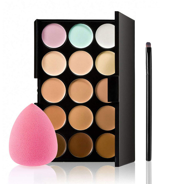 Concealer Palette 15 Colors Makeup Palette Facial Camouflage Contour Palette with Sponge Puff Oval Makeup Brush Beauty M