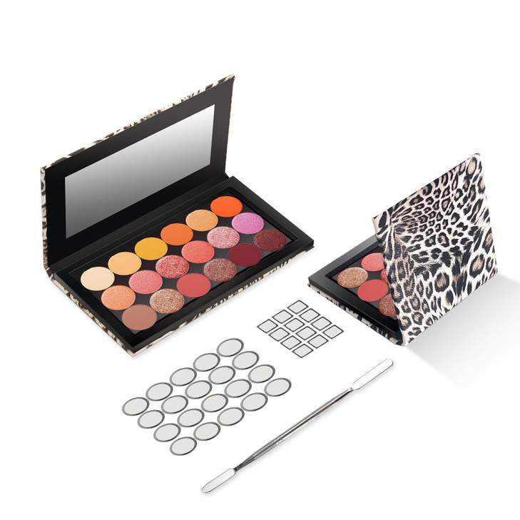 2 Packs Leopard Magnetic Makeup Palette Empty with Spatula and Metal Stickers 18pan and 9pan Empty Eyeshadow Palette for