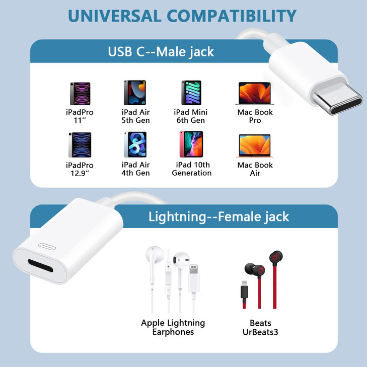 USB C to Lightning Headphone Audio Adapter for iPhone 17 16 15 Plus Pro Max with Charge Data,Type C Male to Female Lightning Earphone Converter Dongl