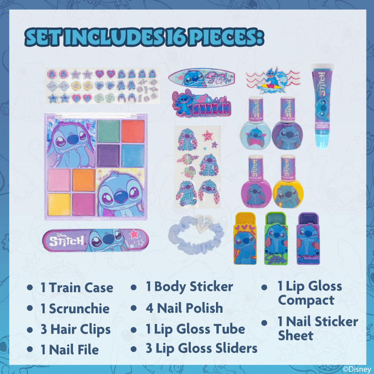 Stitch Cosmetic Makeup Train Case Set Includes Lip Gloss Shadows Brushes Nail Polishes Hair Clips Tattoos for Girls Ages