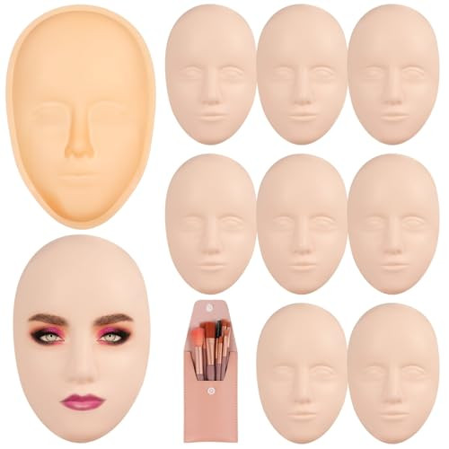 Silicone Mannequin Face Set 8 Pcs Practice Face Board 8 Makeup Brushes for Permanent Makeup Art Creation