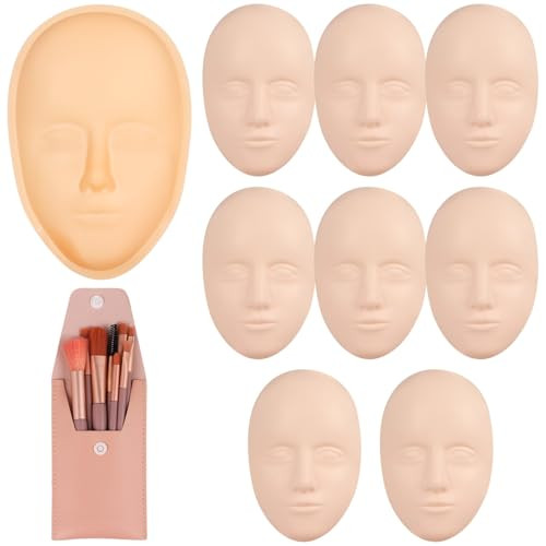 Silicone Mannequin Face Set 8 Pcs Practice Face Board 8 Makeup Brushes for Permanent Makeup Art Creation