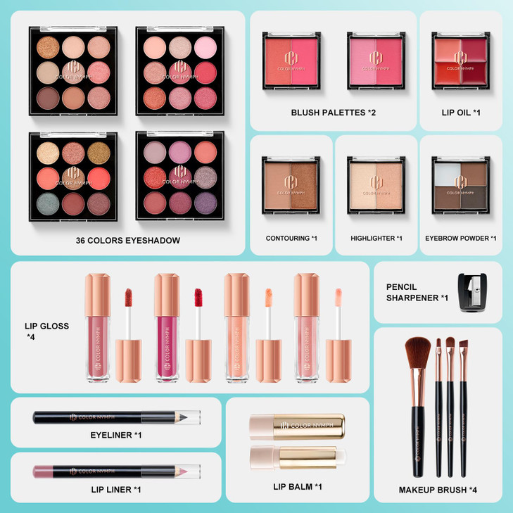 Color Nymph All In One Makeup Kit Comestics Gifts for Girls Teens Travel Makeup Set 4 Trays Train Case for Beginner Incl