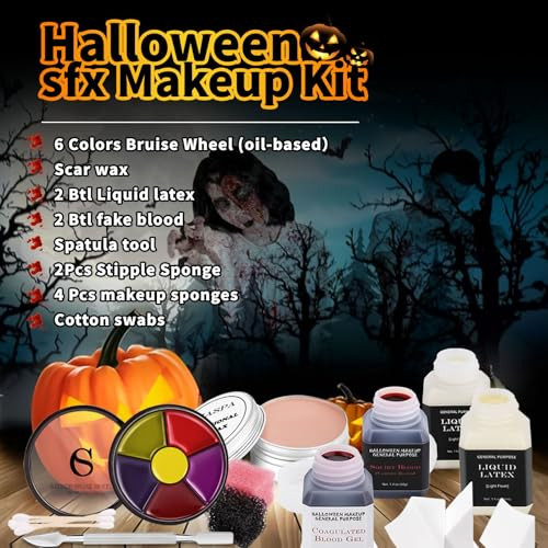 CHASPA Halloween Liquid Latex Special Effects SFX Makeup Kit Scar Wax 2 Btl Liquid Latex 2 Btl Fake Blood Spatula Tool 2