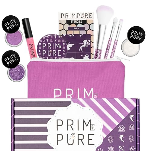 Prim and Pure Kids Makeup Gift Set Stencil Makeup Eyeshadow Bioglitter Lip Gloss and Cosmetic Bag Mirror Makeup Brush Ac