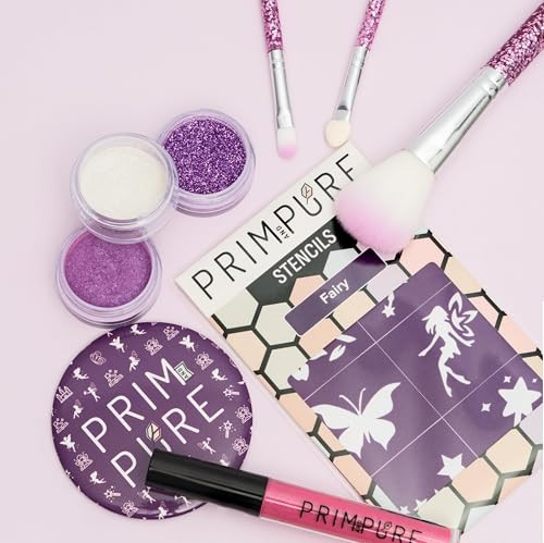 Prim and Pure Kids Makeup Gift Set Stencil Makeup Eyeshadow Bioglitter Lip Gloss and Cosmetic Bag Mirror Makeup Brush Ac