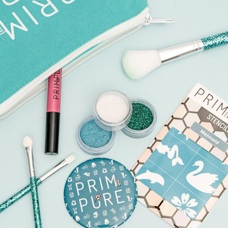 Prim and Pure Kids Makeup Gift Set Stencil Makeup Eyeshadow Bioglitter Lip Gloss and Cosmetic Bag Mirror Makeup Brush Ac