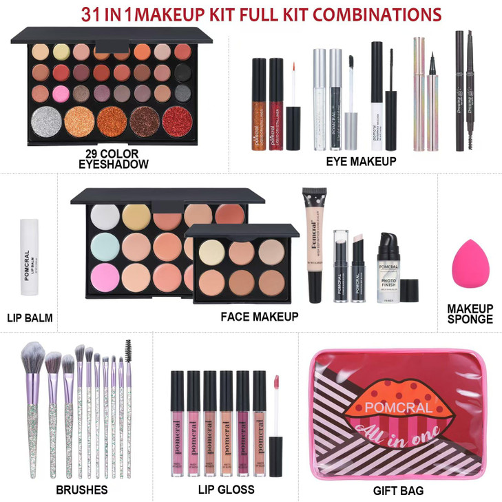 Makeup Kit For Women Full Kit Eyeshadow Eyeliner lipgloss Lipstick Makeup brushes Mascara Eyebrow pencil Concealer Face