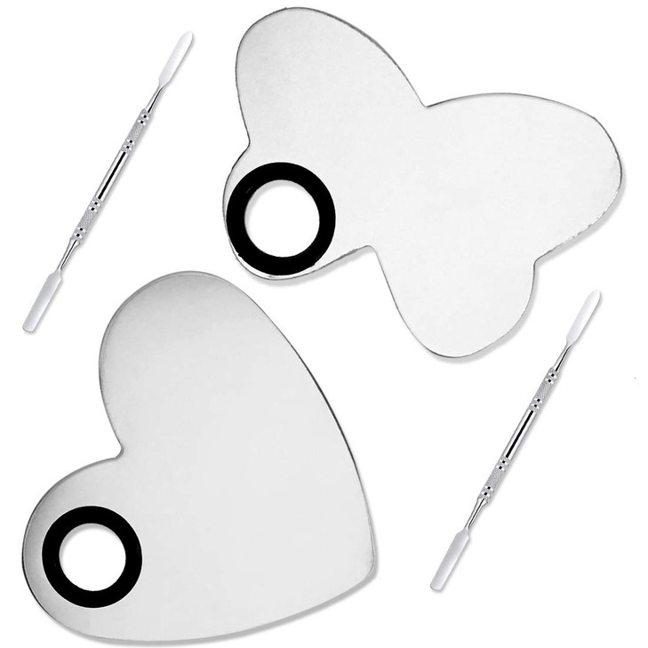 AYWFEY 2 Sets 2 in 1 Makeup Mixing Palette Stainless Steel Cosmetic Makeup Palette Tray with Spatula Professional Makeup