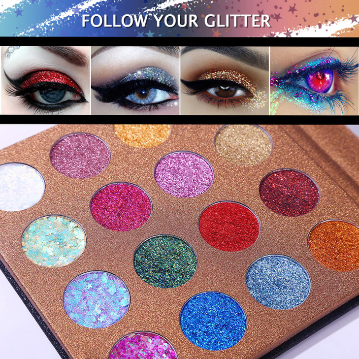 UCANBE Pro Glitter Eyeshadow Palette Professional 16 Colors Chunky Fine Pressed Glitter Eye Shadow Powder Makeup Pallet