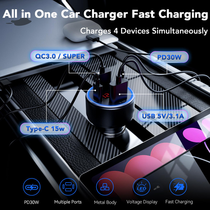 AGEK USB C Car Charger, 4 Port 78W USB Car Charger Adapter Fast Charging Multi Port Cigarette Lighter Adapter with Voltmeter Type C Phone Car Accesso online at globaldelivered