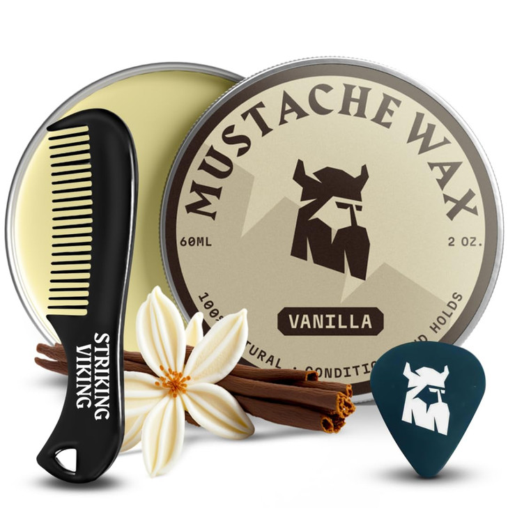 Striking Viking Mustache Wax Kit with Comb 2 Oz Vanilla Strong Hold Mustache Grooming Kit for Men VanillaScented Wax Com