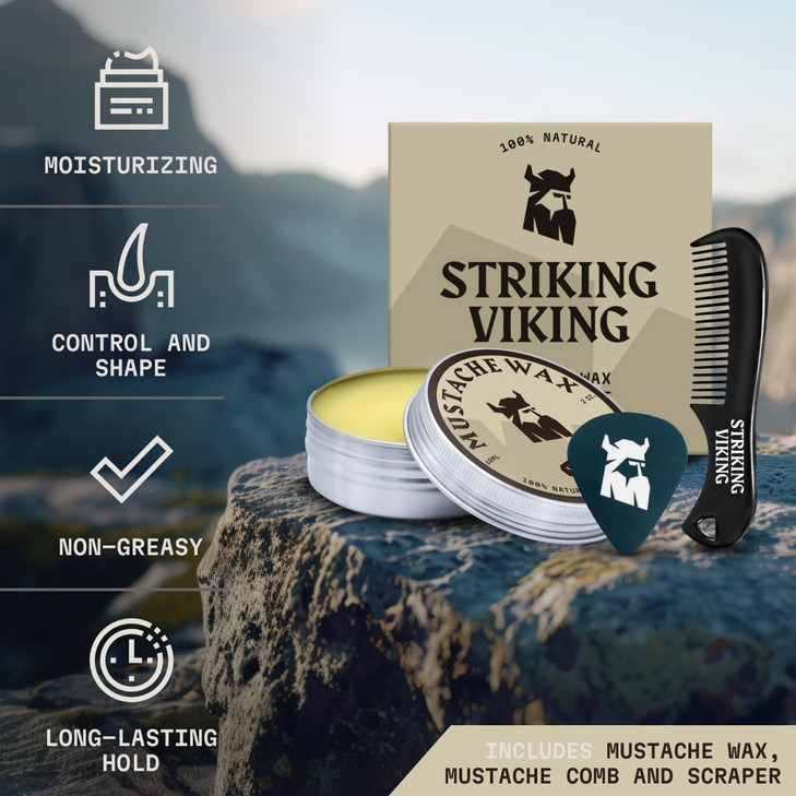 Striking Viking Mustache Wax Kit with Comb 2 Oz Vanilla Strong Hold Mustache Grooming Kit for Men VanillaScented Wax Com