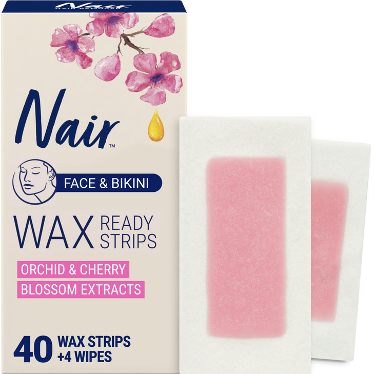 Nair Hair Remover Wax Ready Strips Face and Bikini Hair Removal Wax Strips Orchid and Cherry Blossom Extracts Dermatolog