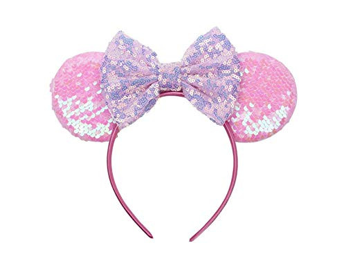 Love Fairy Lovely Ins Style Sequins Mouse Ears Headband Bowknot Hair Hoop for Travel Party Festivals Pink
