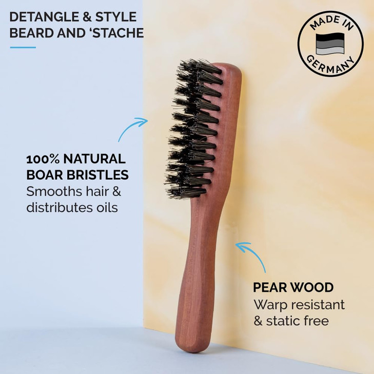ZEUS Boar Bristle Beard Mustache Handled Brush for Men Firm Stiff Bristles Travel Beard Care Brush with Handle Made in G