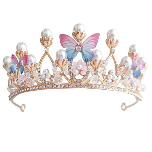 YOVECATHOU Tiara Butterfly Princess Crown Gold Pearl Headband Rhinestone Hairpiece for Halloween Costume Wedding Bridal
