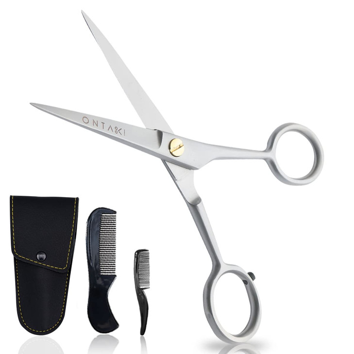 Ontaki Beard Mustache Trimming Scissors 5Inch Silver Pack of 1 Mustache Care Kit with Travel Comb Compact Travel Pouch G