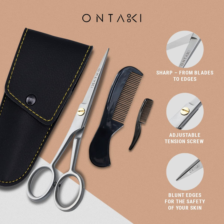 Ontaki Beard Mustache Trimming Scissors 5Inch Silver Pack of 1 Mustache Care Kit with Travel Comb Compact Travel Pouch G