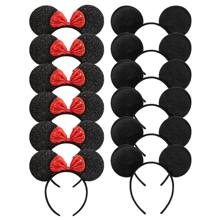 CHuangQi Mouse Ears Headband for Boys and Girls Birthday Party or Celebrations Solid Black and Red Bow 12pcs