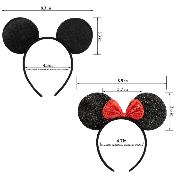 CHuangQi Mouse Ears Headband for Boys and Girls Birthday Party or Celebrations Solid Black and Red Bow 12pcs