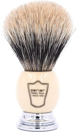 Parker Pure Badger Shaving Brush with Faux Ivory Chrome Handle Stand 22mm Knot for Rich Lather Handcrafted Shaving Tool