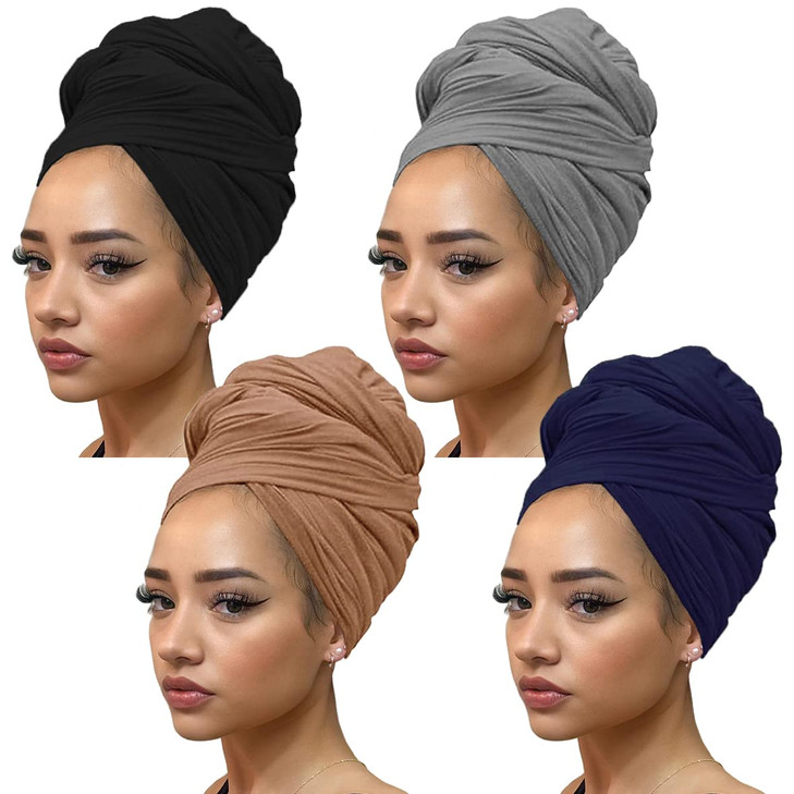 Kachanaa 4 Pieces African Turbans Head Wraps Jersey for Black Women Stretch Scarf Urban Long Solid Color Breathable Soft